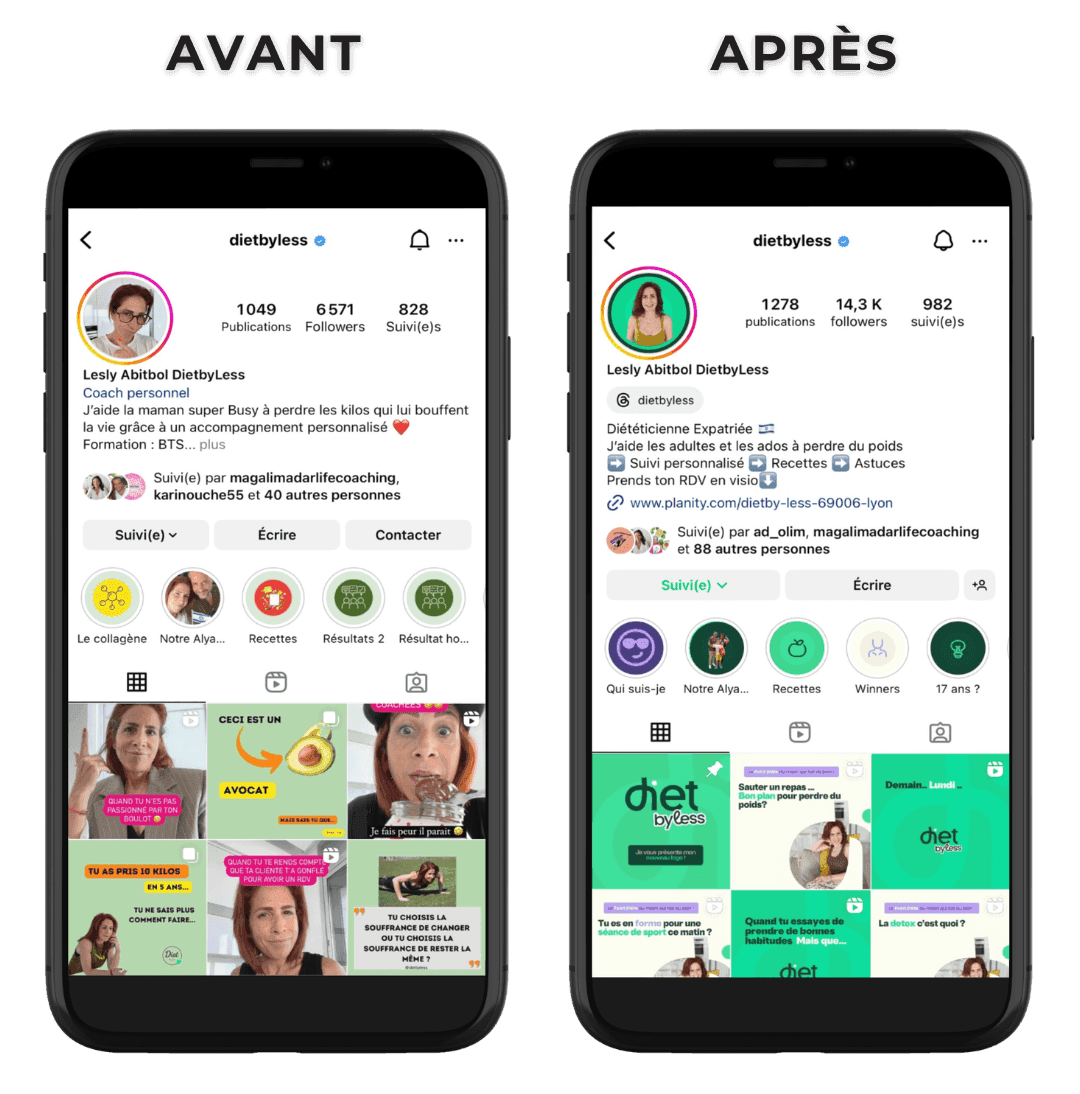 Le profil Instagram d’une cliente avant et après l’accompagnement : bio, mise en avant et grille de publications repensées