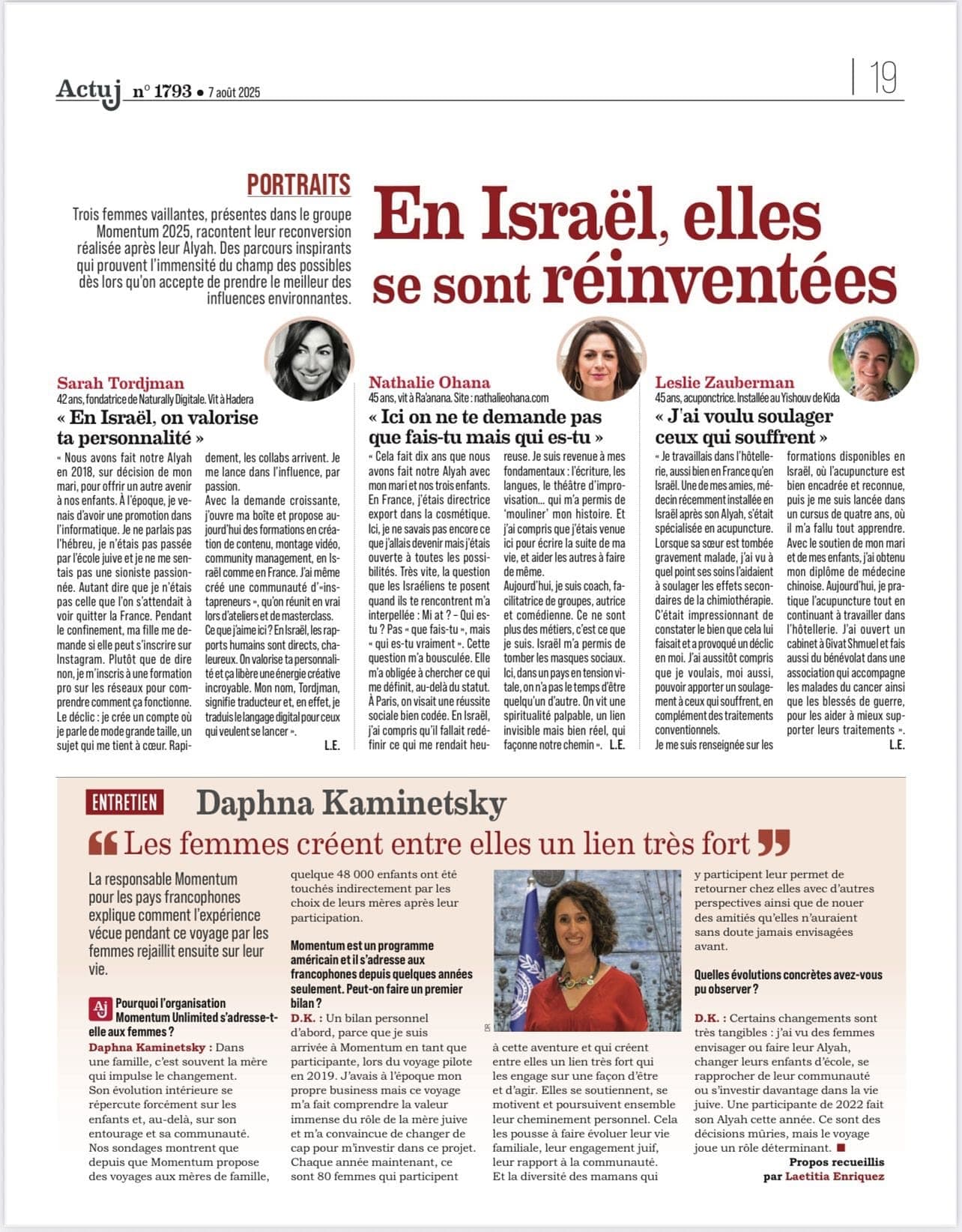 La page 19 d’Actu J n° 1793 du 7 août 2025, rubrique Portraits, « En Israël, elles se sont réinventées » : trois portraits d’entrepreneures, dont celui de Sarah Tordjman