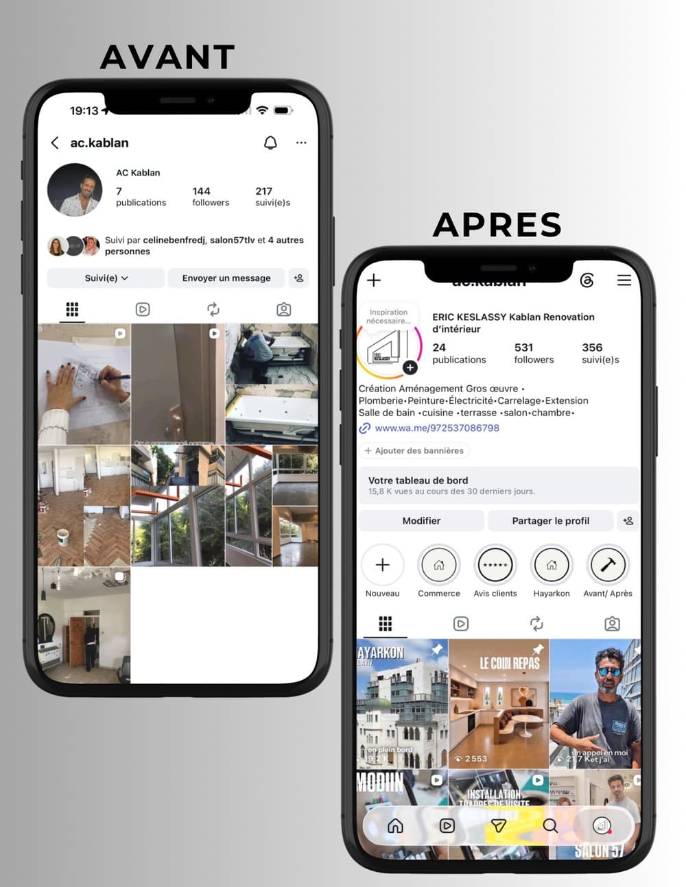 Deux captures du compte Instagram ac.kablan côte à côte : à gauche avant la reprise, sept publications et 144 abonnés ; à droite après, vingt-quatre publications et 531 abonnés, avec un logo, une bio détaillée et des couvertures de story
