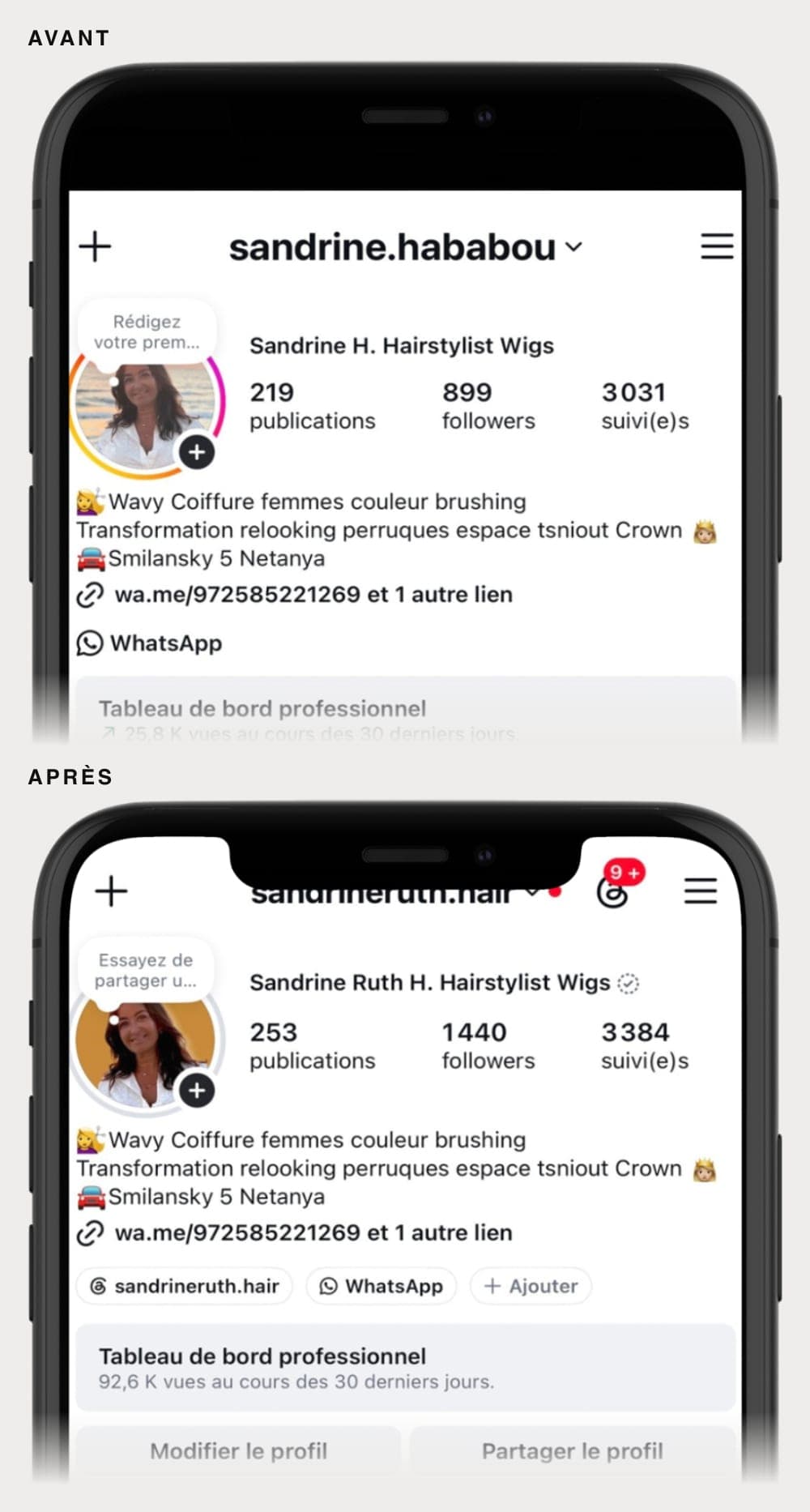 Deux captures du compte Instagram de Sandrine Ruth H. l’une au-dessus de l’autre : en haut @sandrine.hababou, 219 publications et 899 abonnées ; en bas @sandrineruth.hair, 253 publications et 1 440 abonnées